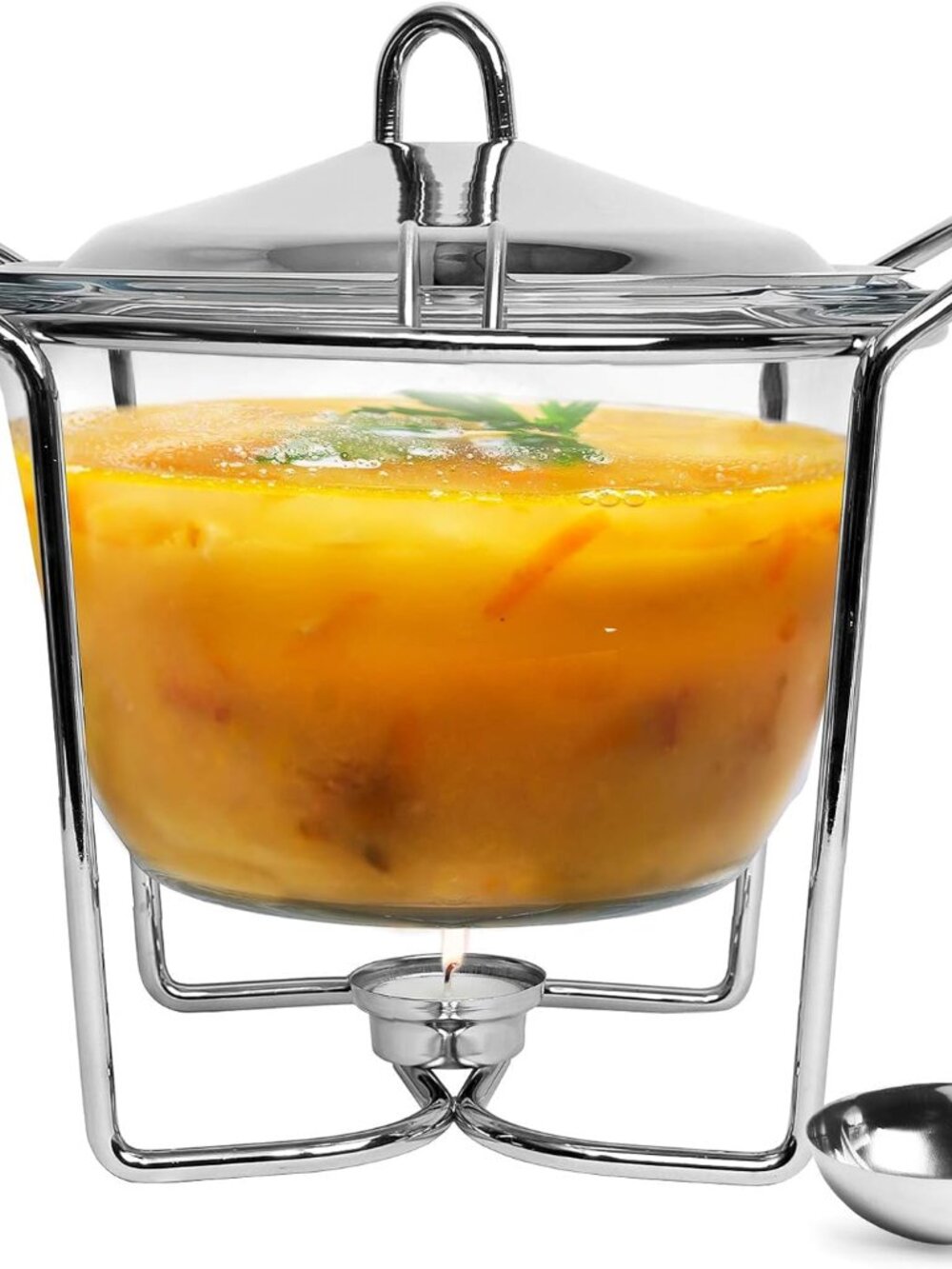 4 Quart Soup Warmer Tureen – Stainless Steel – Glass Serving Dish & Ladle